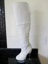 Bota Extra Longa Acima do Joelho Branco Salto 15 Cm