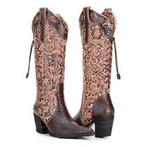 Bota Femina Cano Longo Texana Couro Salto Capelli Boots Café 36