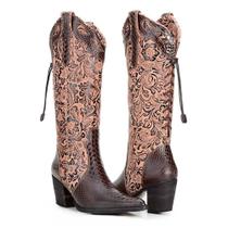 Bota Femina Cano Longo Texana Couro Salto Capelli Boots Café 37