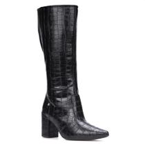 Bota Feminina Animal Print Cano Longo Bico Fino Salto Grosso