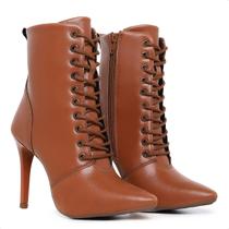 Bota Feminina Bico Fino Caramelo Fechamento Cadarço Bota Feminina Bico Fino Caramelo Fechamento Cadarço
