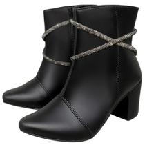 Bota Feminina Bico fino Salto Grosso Ziper Lateral e detalhe em strass Ref 20/131