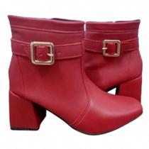 Bota Feminina Bico Quadrado Casual Salto Grosso 7cm Cano Curto Zíper Fivela Confortável Moderna