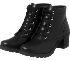 Bota feminina botinha coturno cano curto salto médio tratorada mulher preta