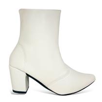 Bota Feminina Branca Off White Cano Curto Bico Fino Salto Bloco Grosso