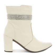 Bota Feminina Branca Off White Tira Strass Cano Curto Bico Fino Salto Bloco Grosso