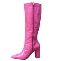 Bota feminina cano alto croco pink salto bloco 8 cm