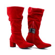 Bota Feminina Cano Alto Enrugado Sanfonado Lirom Salto Grosso Bico Fino Zíper Lateral