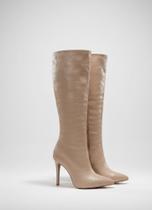 Bota feminina cano alto salto fino croco bege/caramelo