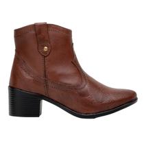Bota Feminina Cano Curto Com Zíper Lateral Em Couro Marrom Bota Feminina Cano Curto Com Zíper Lateral Em Couro Marrom