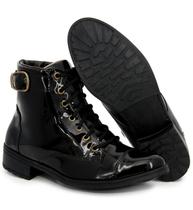 Bota Feminina Cano Curto Confortável Tendência Casual Preto Verniz Bota Feminina Cano Curto Confortável Tendência Casual Preto Verniz