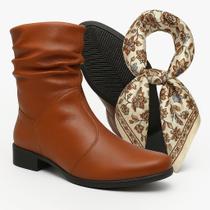 Bota Feminina Cano Curto Coturno Enrugada Sanfonada Preta Salto Baixo Botinha Blogueira + Lenço Bota Feminina Cano Curto Coturno Enrugada Sanfonada Preta Salto Baixo Botinha Blogueira + Lenço