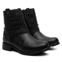 Bota Feminina Cano Curto Couro Salto Baixo Malha Metal Preto 35