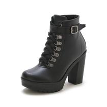 Bota Feminina Cano Curto JCL STORE Coturno Salto 9cm Alto Tratorada Fivela Moderna