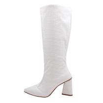 Bota Feminina Cano Longo Bico Fino Branco Croco Salto Bloco Grosso Atual Festa Moda Montaria Fashion Lançamento