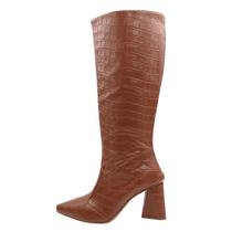 Bota Feminina Cano Longo Bico Fino Caramelo Croco Salto Bloco Grosso Atual Festa Moda Montaria Fashion Lançamento