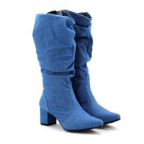 Bota Feminina Cano Longo Jeans Enrugado Inverno Salto 6cm Marca Original Lirom