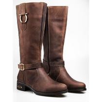 Bota Feminina Cano Longo Montaria Couro Fivela Capelli Boots Café 38