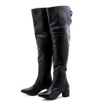 Bota Feminina Cano Longo Over The Knee Lirom Em Couro Legitimo Toda Preta