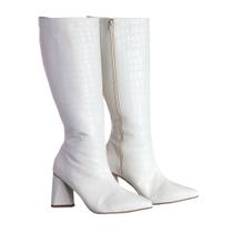 Bota Feminina Cano Longo Salto Triângulo 23020 Croco Off White