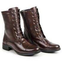 Bota Feminina Cano Médio Confortável em Couro de Amarrar