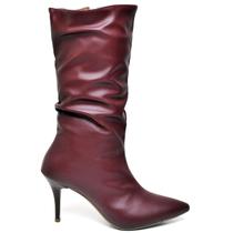 Bota Feminina Cano Médio Enrugado Salto Fino Médio Napa Marsala