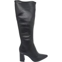 Bota Feminina Casual Dia a Dia Passeio Trabalho Festa Cano Longo em Couro Bico Fino Salto Bloco Médio Conforto Tanara T9564