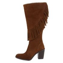 Bota Feminina Com Franjas Em Couro Camurça Cano Alto Salto Alto Bloco Fechamento Zíper Sola Borracha Tamanho:34Cor:Marr
