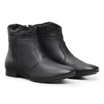 Bota Feminina Coturno Cano Baixo Couro Apliques Conforto