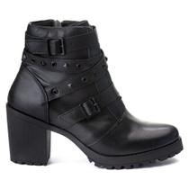Bota Feminina Coturno Cano Curto com Fivelas Preta Salto Médio Bico Quadrado