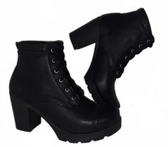 Bota Feminina Coturno Cano Curto Salto Baixo Tratorado Preto
