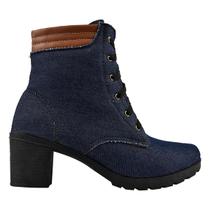 Bota Feminina Coturno Cano Medio Salto Grosso Tratorado Jeans Estilo Conforto