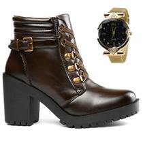 Bota Feminina Coturno Tratorada Confortável Inverno + Relógio