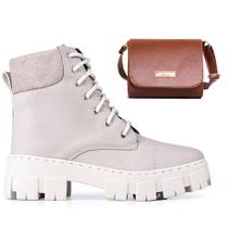 Bota Feminina Coturno Tratorada Creme Cano Curto Bolsa