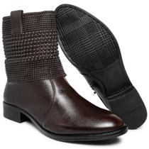 Bota Feminina Couro Cano Curto Malha Metal Elegante cor Café