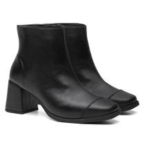 Bota Feminina Couro Cano Curto Salto Grosso Bico Quadrado Zíper