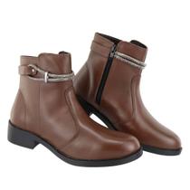 Bota Feminina Couro Legitimo Cano Curto Sola Salto Baixo Strass Ziper Preto Café