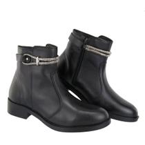Bota Feminina Couro Legitimo Cano Curto Sola Salto Baixo Strass Ziper Preto Café