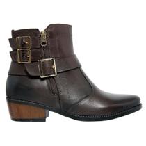 Bota Feminina Couro Legítimo Premium Zíper Lateral e Fivelas Cor Café