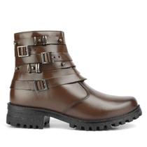 Bota Feminina Couro Natural Cano Médio Fivelada Zíper Reforçado