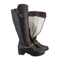 Bota Feminina Couro Neve 100% forrada Lã Pelo Salto Alto Médio Inverno Impermeável MG4103
