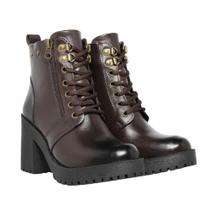 Bota Feminina de Couro Cano Médio com Zíper Lateral Salto Grosso Cor Café
