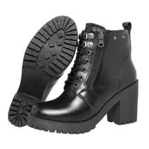 Bota Feminina de Couro Cano Médio com Zíper Lateral Salto Grosso Cor Preto