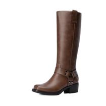 Bota Feminina DREAM PAIRS Cano Alto Estilo Biker com Bico Quadrado Cor Caramelo
