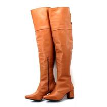 Bota Feminina Em Couro Legitimo Cano Longo Over The Knee Lirom Caramelo