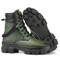 Bota Feminina FG Coturno Couro Militar Cano Médio Verde Militar