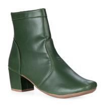 Bota Feminina Lisa Verde Salto Bloco Com Fechamento Ziper de Bico Quadrado Salto Grosso Moderna Basica Estilo Texana