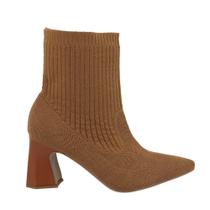 Bota Feminina Meia Knit Caramelo Cano Curto Salto Médio Bico Fino