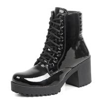 Bota Feminina Moda Casual Coturno Verniz Sola Tratorada Salto Grosso Estilo Mulher Fashion