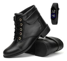 Bota Feminina Moda Inverno Salto Baixo Relógio Digital Cano Curto Casual Couro Eco Confort